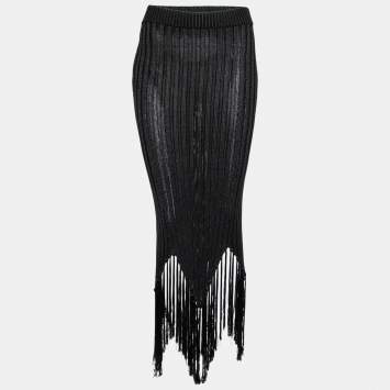 Pre Owned Moschino Couture Black Knit Fringe Detailed Hem Midi Skirt M