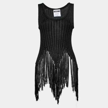 Pre Owned Moschino Couture Black Knit Fringe Detailed Hem Sleeveless Tank Top M