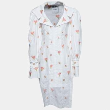 Pre Owned Moschino Couture White Cotton Floral Embroidered High-Low Dress M
