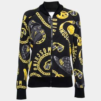 Pre Owned Moschino Couture Black/Yellow Logo Printed Cotton Zip Front Jacket M