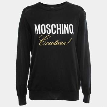Pre Owned Moschino Couture Black Logo Intarsia Knit & Embroidered Crewneck Sweater S