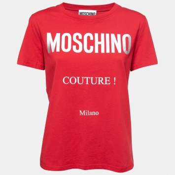 Pre Owned Moschino Couture Red Cotton Logo Printed Short Sleeve T-Shirt S