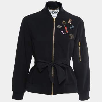 Pre Owned Moschino Couture Black Knit Pin-Embellished Belted Zip-Up Jacket S