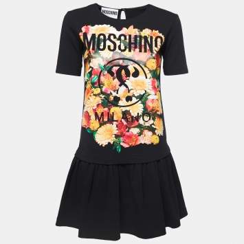 Pre Owned Moschino Couture Black Floral Print Cotton Ruffle Detail Dress S