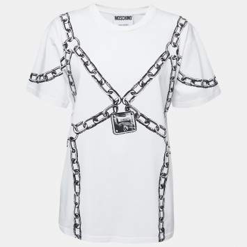 Pre Owned Moschino Couture White Cotton Chain Print Oversized T-Shirt XXS