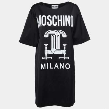 Pre Owned Moschino Couture Black Jersey Logo Print T-Shirt Dress M
