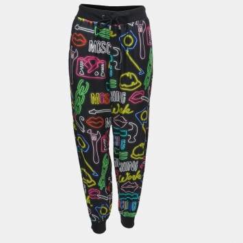 Pre Owned Moschino Couture Black Neon Signs Print Jersey Silk Jogger Pants M