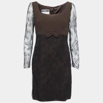 Pre Owned Moschino Couture Black/Brown Crepe & Lace Bow Detail Mini Dress L