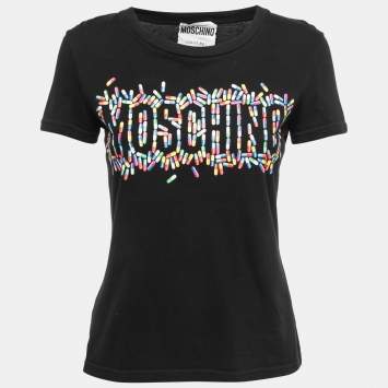 Pre Owned Moschino Couture Black Logo Printed Cotton Crew Neck T-Shirt M