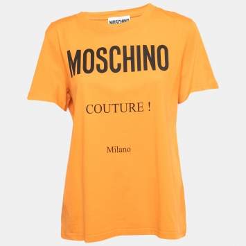 Pre Owned Moschino Couture Orange Logo Printed Cotton Half Sleeve T-Shirt L