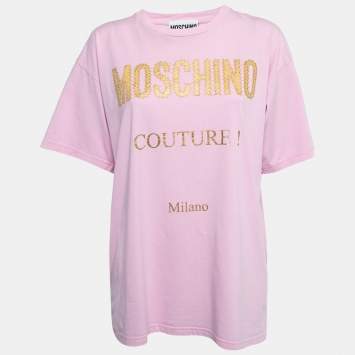 Pre Owned Moschino Couture Pink Cotton Logo Print T-Shirt M
