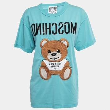 Pre Owned Moschino Couture Blue Teddy Bear Embroidered Cotton Short Sleeve Oversized T-Shirt S