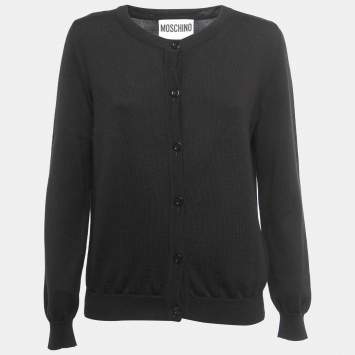 Pre Owned Moschino Couture Black Logo Patterned Wool Button Front Cardigan M
