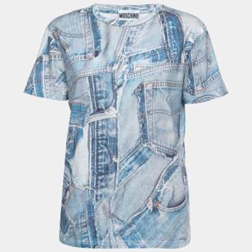 Pre Owned Moschino Couture Blue Denim Print Cotton Crew Neck T-Shirt XL