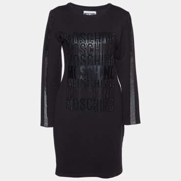 Pre Owned Moschino Couture Black Logo Studded Cotton Knit Mini Dress S