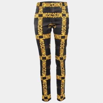 Pre Owned Moschino Couture Black Logo Print Stretch Crepe Pants M