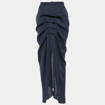 Pre Owned Moschino Couture Navy Blue Silk Chiffon Pleated Detail Maxi Skirt M