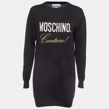 Pre Owned Moschino Couture Black Logo Intarsia Knit Crewneck Mini Dress XS
