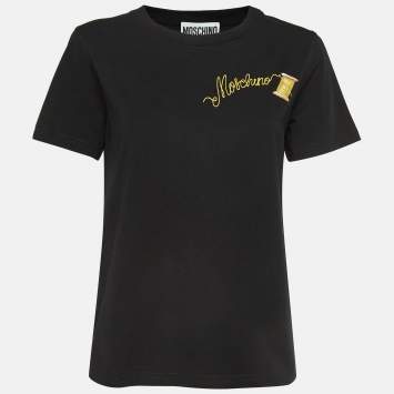 Pre Owned Moschino Couture Black Logo Embroidered Cotton Half Sleeve T-Shirt M