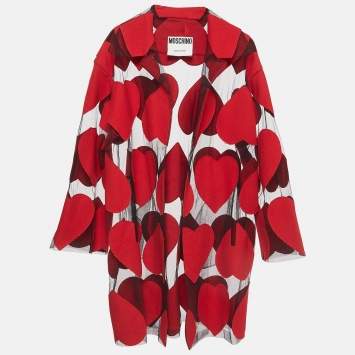 Pre Owned Moschino Red Heart Applique Wool and Tulle Sheer Coat S
