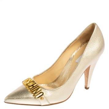 Pre Owned Moschino Metallic Gold Leather Logo Pointed Toe Pumps Size 37