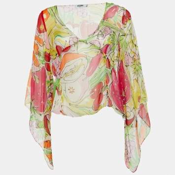Pre Owned Moschino Jeans Multicolor Fruits Print Silk V-Neck Blouse L