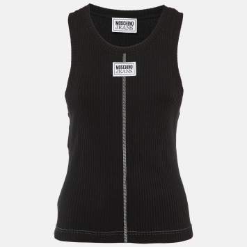 Pre Owned Moschino Black Logo Applique Rib Knit Tank Top L