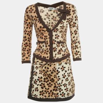 Pre Owned Moschino Jeans Brown Animal Print Cotton Top & Skirt Set S/M
