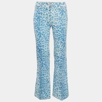 Pre Owned بنطلون جينز موسكينو جينز دِنِم أزرق بنقشة الفهد الواسعة مقاس وسط 27 بوصة ميديم (ميديم)