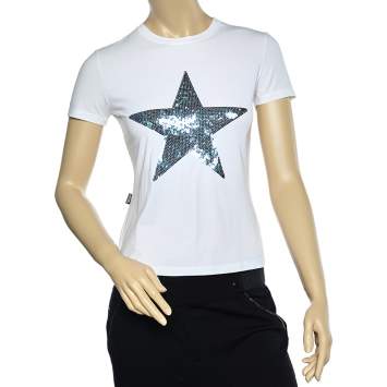 Pre Owned Moschino Jeans White Cotton Star Embellished Short Sleeve T-Shirt M