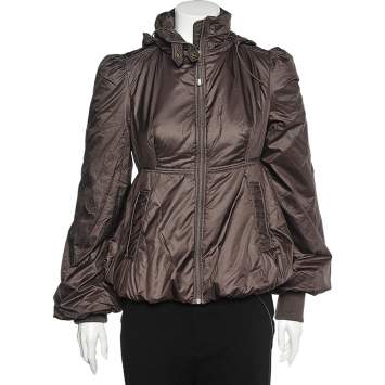 Pre Owned Moschino Jeans Brown Technical Fabric Peplum Hoodie Jacket M