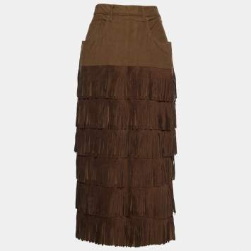 Pre Owned Moschino Jeans Tan Brown Tassel Tiered Midi Skirt L