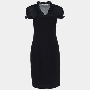 Pre Owned Moschino Jeans Black Crepe & Poplin Ruffled V Neck Dress L