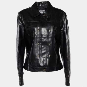 Pre Owned Moschino Jeans Black Faux Leather Heart Studded Jacket L
