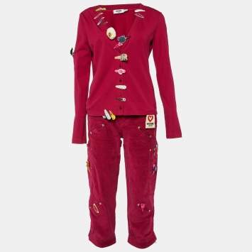 Pre Owned Moschino Jeans Magenta Clips Detail Cotton Knit Cardigan & Corduroy Capri Pants M