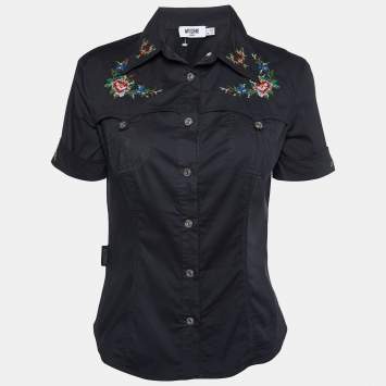 Pre Owned Moschino Jeans Black Cotton Embroidered Detail Button Front Shirt M