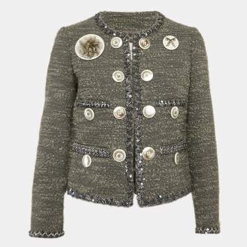مملوكة مسبقًا Moschino Grey Tweed and Boucle Wool Badge Detail Jacket M