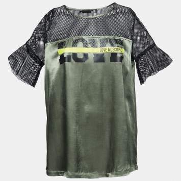 Pre Owned Love Moschino Green/Black Satin Blusa Mesh Sleeve T-shirt S