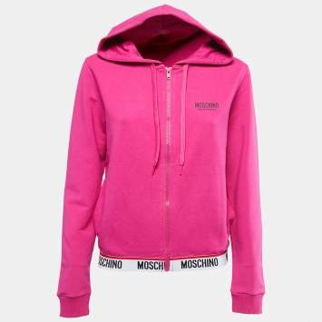 Pre Owned Moschino Underwear Pink Cotton Logo Tape Zip Up Sweatshirt S