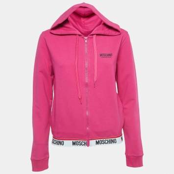 Pre Owned Moschino Pink Logo Print Cotton Zip Front Hooded Jacket S