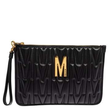 مملوكة مسبقًا Moschino Black Monogram Embossed Leather M Pouch