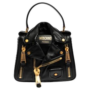 Pre Owned Moschino Black Leather Biker Jacket Shoulder Bag