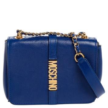 Pre Owned Moschino Blue Leather Logo Flap Shoulder Bag