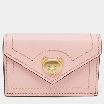 Pre Owned Moschino Pink Leather Teddy Trifold Wallet 