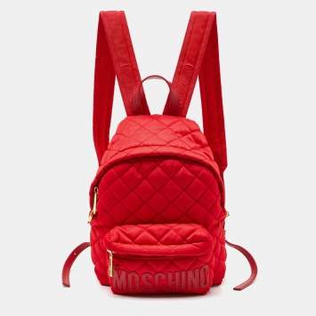 Pre Owned Moschino Red Quilted Nylon Logo Backpack