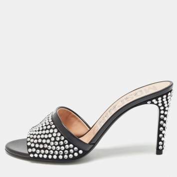 Pre Owned Moschino Black Suede Limited Edition Crystal Embellished Slide Sandals Size 38