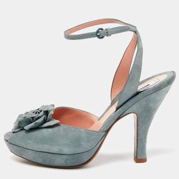 Pre Owned Moschino Grey Suede Flower Applique Platform Ankle Strap Sandals Size 38