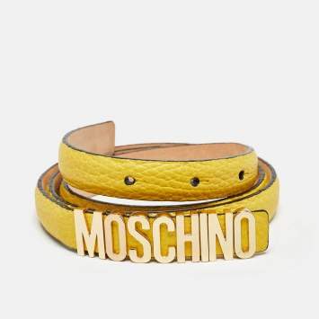 Pre Owned Moschino Yellow Leather Logo Slim Belt 100 CM