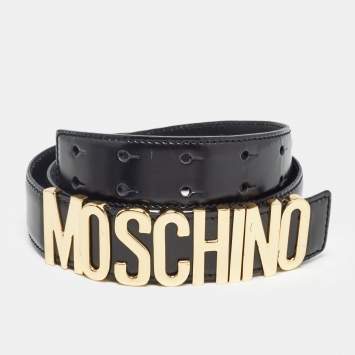 Pre Owned Moschino Black Leather Classic Logo Belt 95 CM
