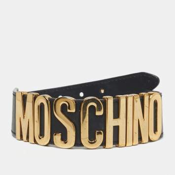 Pre Owned Moschino Black Leather Classic Logo Dog Collar 